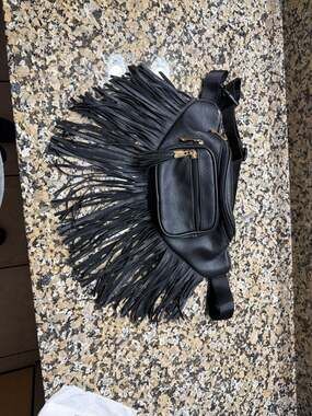 Black Vegan Leather Fringe Tassel Fanny Pack Belt Bag with Gold Hardware